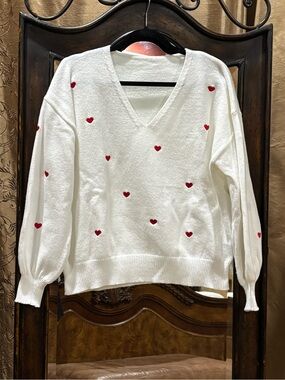 SHEIN White V-Neck Sweater with Red Heart Accents